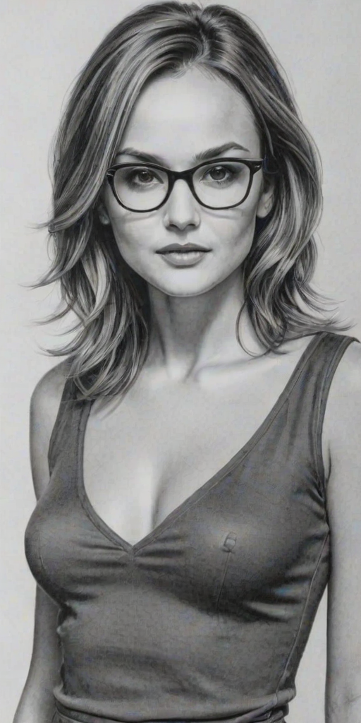 Splendid Rachael Leigh Cook, pencil sketch, portrait of Alluring woman 1968s in glasses, hair style beatnik, outline, clear lines, fine lines, 8k