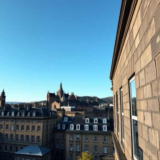 photograph a historic cityscape showcasing varied architectural styles in Edinburgh under clear blue sky, use a Canon EOS R5 with a 24-70mm f/2.8 lens, set aperture to f/8 for depth of field, ISO 100 for clarity, and a shutter speed of 1/200 sec, capture from a high vantage point to emphasize the skyline and textures of the buildings.