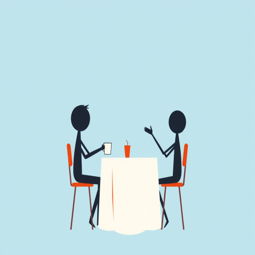 Create a minimalist illustration of two stylized figures at a table, one holding a cup and the other gesturing, set against a light blue background, in high resolution, using a Canon EOS R5 camera, 50mm lens, f/1.8 aperture, 1/125s shutter speed, and natural lighting.