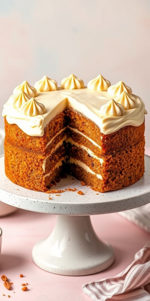 A beautifully decorated carrot cake with cream cheese frosting on a white speckled cake stand, partially sliced to reveal multiple layers filled with grated carrots and nuts, set against a soft pastel background with a cup and a striped napkin nearby.