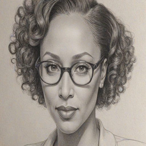 Fetching Tamara Tunie, pencil sketch, portrait of Magnificent woman 1934s in glasses, hair style beatnik, outline, clear lines, fine lines, 8k