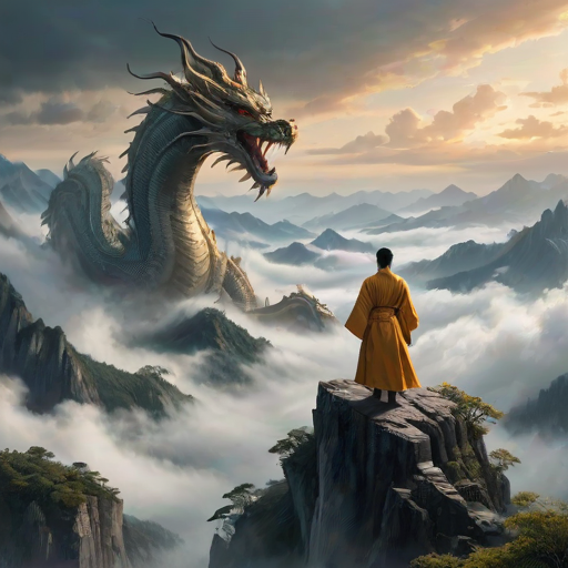 animanflux,This is a very detailed and realistic digital artwork.in traditional Chinese attire, Tang dynasty, At the top of a mountain peak surrounded by clouds, an anthropomorphized dragon was hovering in the sky. The mountain peak was surrounded by clouds and mist, as if it was a fairyland on earth, and the air was filled with a mysterious aura. Its eyes were deep and wise, with a hint of condescension on its face, as if it was looking down on everything in the world. Wearing a golden robe embroidered with cloud patterns and waves, it appeared dignified and sacred, and the hem of the robe swung gently as it flew, as if dancing with the clouds. Mountain peaks, clouds and mist, its robe gently swinging with the wind, the whole scene is full of mystery and solemnity