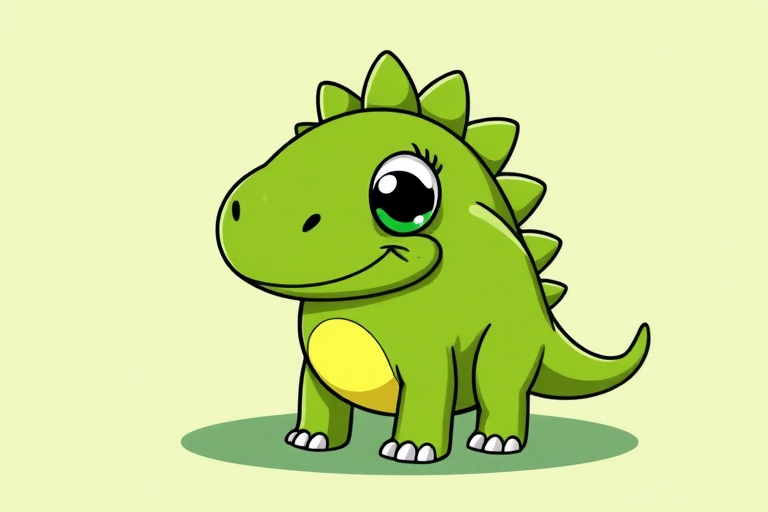 create a cartoon dinosaur with a round body, large eyes, and spiky back, using bright green colors, captured with a DSLR camera at f/2.8, 50mm lens, ISO 100, natural lighting, in a playful and vibrant style