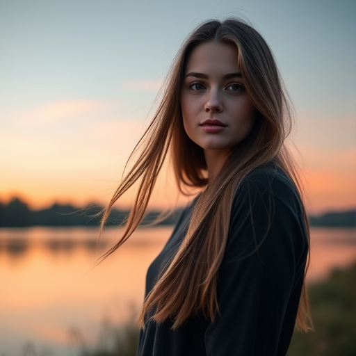 Create an image of a young woman standing near a calm lake at sunset, her long hair gently flowing, with soft pastel colors in the sky, using a DSLR camera, 50mm lens, aperture f/1.8, ISO 200, shutter speed 1/250, in portrait orientation for a shallow depth of field.