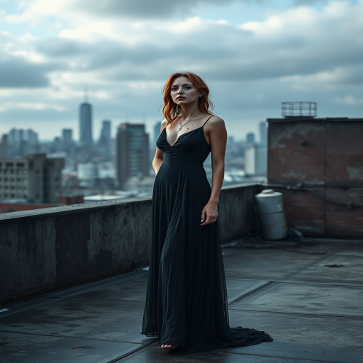 A hauntingly elegant woman in a blood-stained dress stands on an abandoned rooftop with a city skyline in the background, conceptual art style, shot with a Canon EOS R5, 50mm lens, f/1.8 aperture, soft natural light, high dynamic range imaging.
