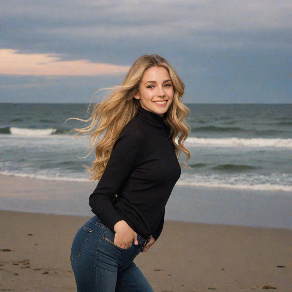 a young woman standing in the center of the frame, directly facing the viewer with a warm smile on her face, her long, blonde hair cascades down her back, styled in loose waves, she is a black turtleneck and a pair of jeans,  in the background, a blurred beach scene unfolds, with soft lighting that creates a serene atmosphere, the woman's body is positioned in a relaxed pose, with her weight evenly distributed on both feet, the overall effect is one of tranquility and natural beauty, inviting the viewer to step into her serene world