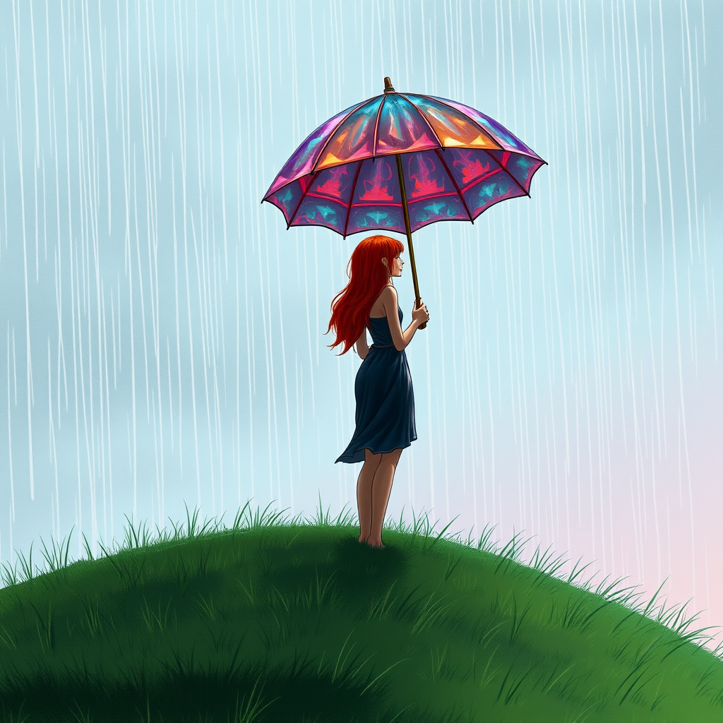 A surreal hand-drawn digital artwork depicting a mysterious red-haired woman standing on a grassy hill under the rain. She holds an umbrella crafted from iridescent zircon, its vibrant sheen contrasting with the soft, rainy atmosphere. The scene feels dreamlike, blending the natural elements of the hill and rain with the otherworldly shimmer of the umbrella.