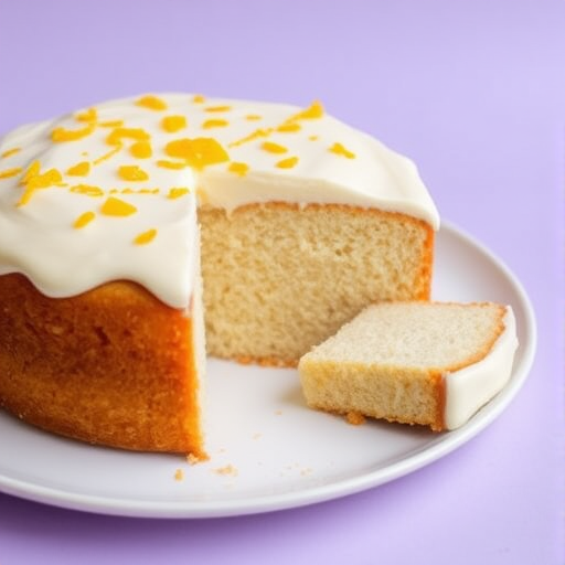 A delicious cake with a creamy frosting on top sprinkled with orange zest served on a white plate with a light purple background, slices cut to reveal the soft texture inside.