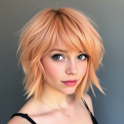 Charming peach-haired ingénue with a soft, face-framing shag cut featuring wispy bangs and textured layers