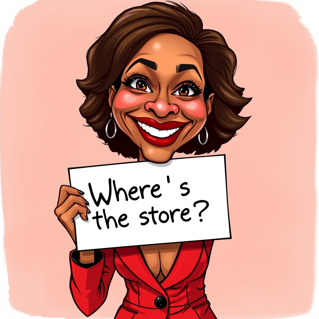 caricature of a smiling Halle Berry in a Carmine dress or suit, holding up a sign that says "Where's the store?", no watermark,