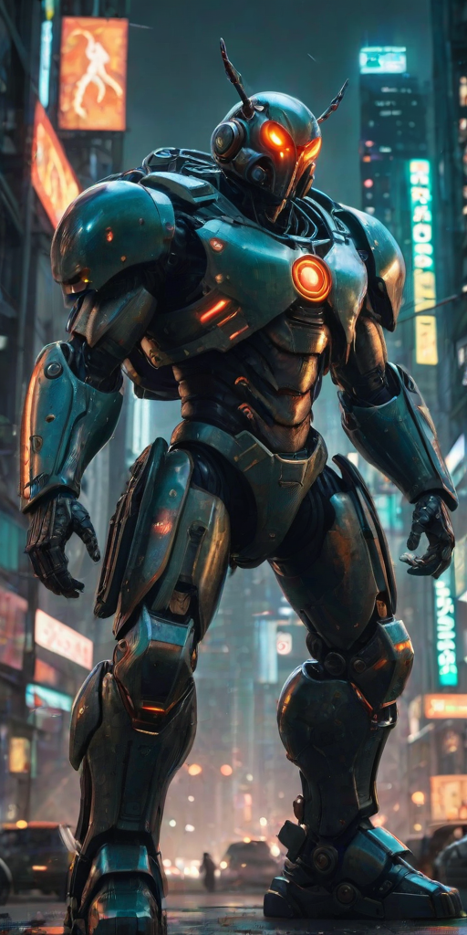 A highly detailed scene of a giant beetle commando standing on its hind legs, wielding a futuristic plasma rifle. Its exoskeleton is sleek and metallic, reflecting the neon lights of a distant city skyline. Other insects, such as armored ants and mantises, surround it, holding a mix of sci-fi weaponsâlaser pistols, energy swords, and grenade launchers. The battlefield is chaotic, with explosions in the background, as the insect squad charges into battle, their stances tense and ready for combat. The aesthetic feels like a mix of cyberpunk and military sci-fi.