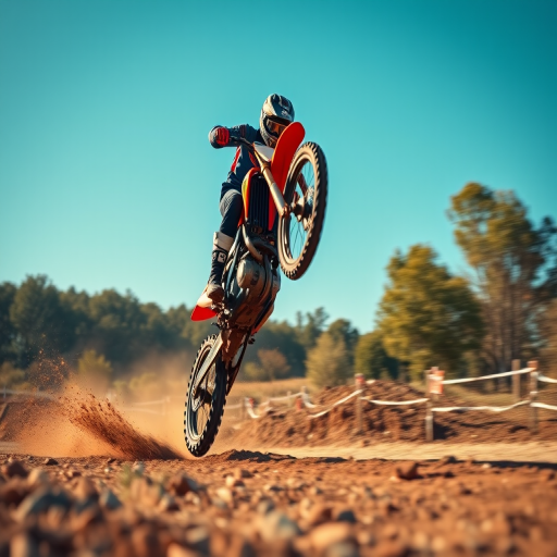 Create an action-packed image of a motocross rider performing a wheelie on a dirt bike, captured with a Canon EOS R5, 50mm lens, f/2.8 aperture, 1/1000s shutter speed, ISO 200, with a dynamic low-angle perspective, bright colors, and crisp detail against a blurred background for enhanced depth of field.