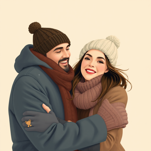 Create a high-quality illustration of a couple embracing in winter attire, with a soft beige background, using a Canon EOS R5 camera at f/2.8 ISO 100 with a 50mm lens, in bright, even lighting, focusing on capturing details of their clothing and expressions.