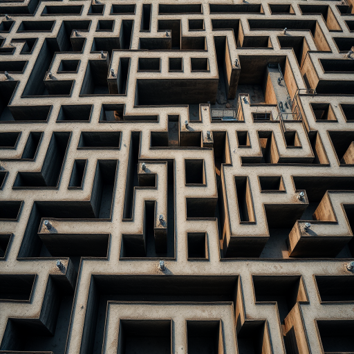 generate a high-resolution image of a complex maze with intricate pathways and sharp angles, taken with a DSLR camera at f/8 aperture, 50mm lens, ISO 100, top-down view in natural lighting for enhanced clarity and detail