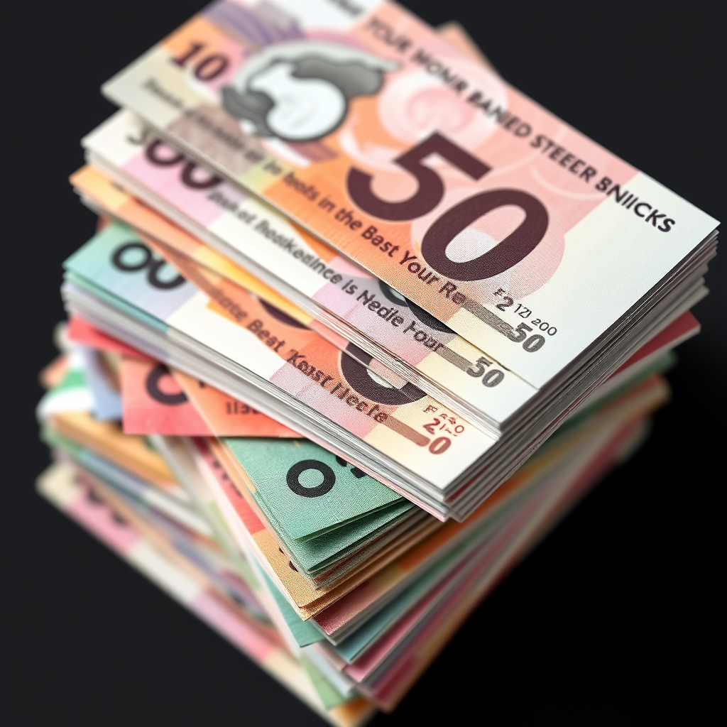 Generate a detailed, high-resolution illustration of a stack of colorful banknotes with a focus on the textures and colors, camera settings: aperture f/8, shutter speed 1/125s, ISO 200, camera view: overhead shot, camera style: realistic, camera type: digital SLR.