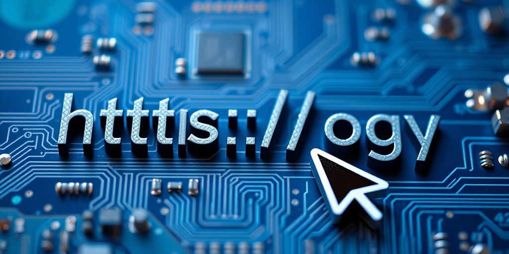 Generate an image of a blue circuit board with the text "https://technology" in a stylish font, featuring a pixelated cursor pointing at the text, shot with a DSLR camera at f/2.8, ISO 100, 50mm lens, with a shallow depth of field and soft background blur for enhanced detail.
