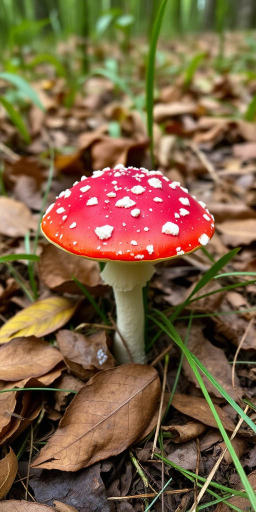 a vibrant red mushroom with white spots growing among brown leaves and grass in a forest setting
