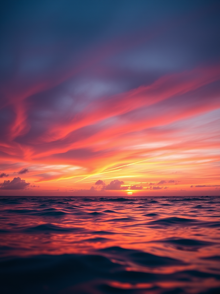 Create a high-resolution image of a sunset over the ocean with vibrant colors, using a Canon EOS R5, 24-70mm f/2.8 lens, aperture f/8, ISO 100, shutter speed 1/125s, taken from a low angle perspective to capture the reflection on the water.