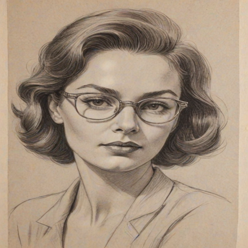 Splendid Julia Fox, pencil sketch, portrait of Pleasing woman 1953s in glasses, hair style beatnik, outline, clear lines, fine lines, 8k