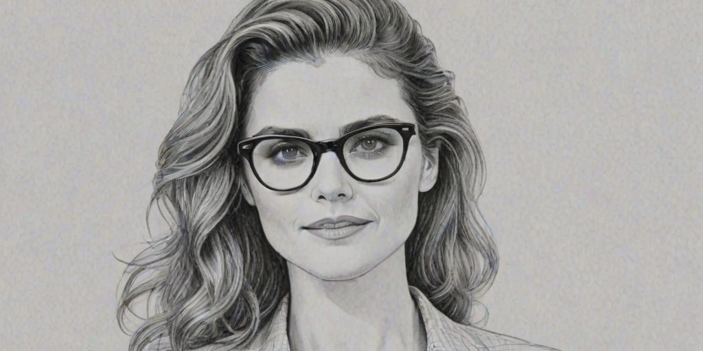 Radiant Keri Russell, pencil sketch, portrait of Ravishing woman 1951s in glasses, hair style beatnik, outline, clear lines, fine lines, 8k