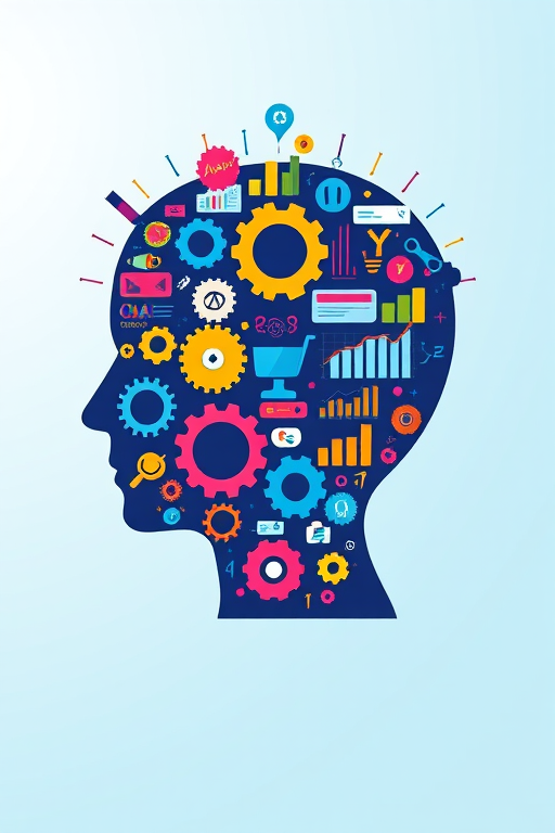 Create an illustration of a human head silhouette filled with various symbols of technology and data analytics, incorporating gears, charts, and a search bar in a vibrant color palette, captured using a Canon EOS R with a 35mm f/1.8 lens, at ISO 100, 1/125s, in a bright, well-lit studio environment for optimal clarity and detail.