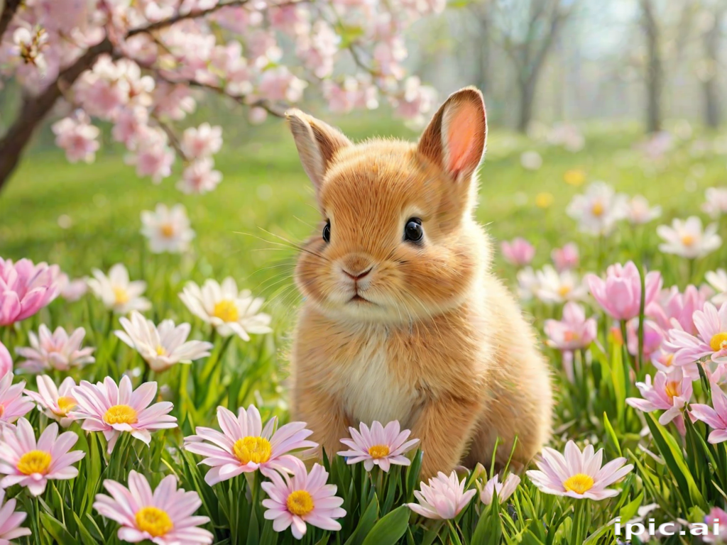 A Charming Baby Rabbit Sitting Among Colorful Flowers in Springtime Bliss.