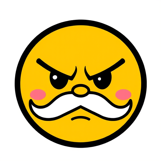 Create a high-resolution image of a cartoon face with a yellow circular shape, a frowning expression, a white mustache, and a black outline, using a DSLR camera, ISO 100, f/2.8 aperture, 50mm lens, focused on the face at eye level with soft lighting.
