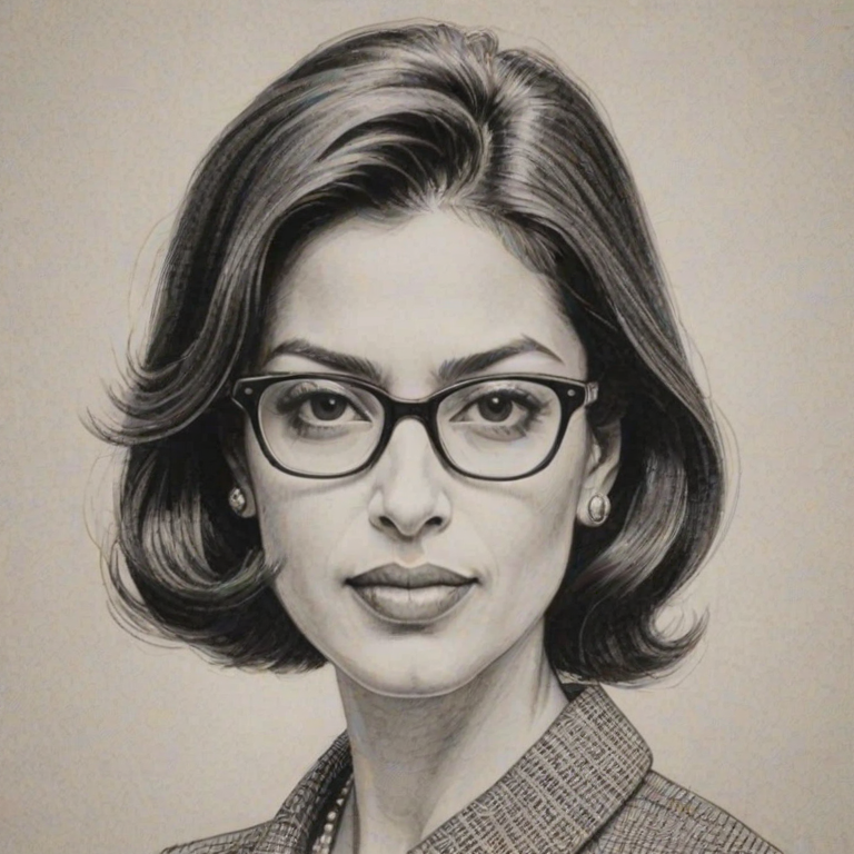 Pleasing Huma Abedin, pencil sketch, portrait of Comely woman 1963s in glasses, hair style beatnik, outline, clear lines, fine lines, 8k
