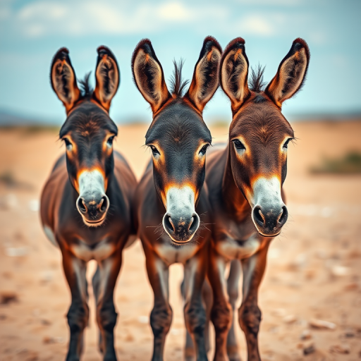 Regenerate an image of three donkeys standing side by side in a sandy landscape, vibrant watercolor style, softly blurred background, taken with a Canon EOS R5, 50mm lens, f/1.8 aperture, ISO 200, natural lighting.