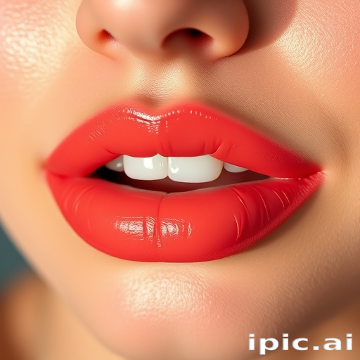 Vibrant coral lip tint "Sunset Serenade" featuring a glossy finish and subtle shimmer, perfect for summer evenings, enhancing natural lip contours with a plumping effect