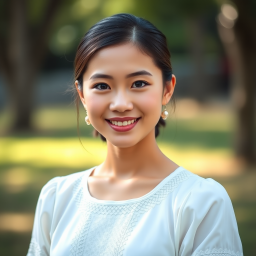 portrait of a young woman wearing a traditional white dress smiling outdoors, natural light, shallow depth of field, 85mm lens, f/1.8, ISO 100, 1/200s, soft bokeh background, taken with a DSLR camera