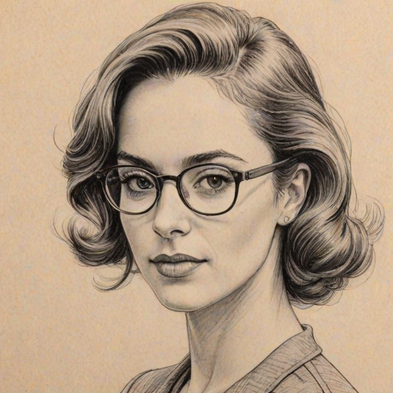 Stunning Jordana Spiro, pencil sketch, portrait of Wonderful woman 1944s in glasses, hair style beatnik, outline, clear lines, fine lines, 8k