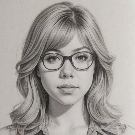 Sublime Jennette McCurdy, pencil sketch, portrait of Magnificent woman 1977s in glasses, hair style beatnik, outline, clear lines, fine lines, 8k