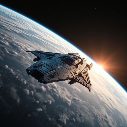 A futuristic spaceship soaring through space with Earth in the background, wide-angle shot, using a high-resolution DSLR camera, aperture f/8, ISO 100, 24mm lens, natural lighting, emphasis on intricate ship details and vibrant planetary colors.