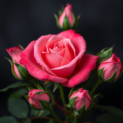 generate an image of a blooming pink rose surrounded by green rose buds with a dark blurred background