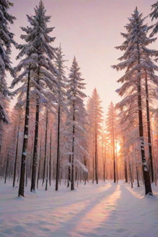 Sharp, high-resolution image of a snowy forest at dawn, soft pink and orange hues painting the sky, tall trees covered in a blanket of snow, soft shadows cast on the ground from the rising sun, the air crisp and cold, a peaceful stillness filling the scene.