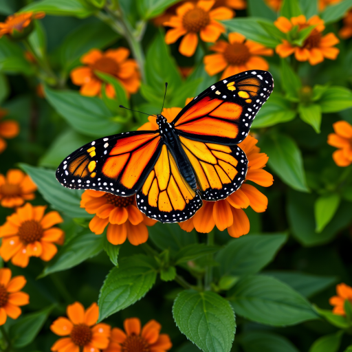Generate an image of a vibrant monarch butterfly perched on bright orange flowers surrounded by lush green leaves, capturing the details of the butterfly's striking black and orange patterns and the texture of the flowers and foliage.