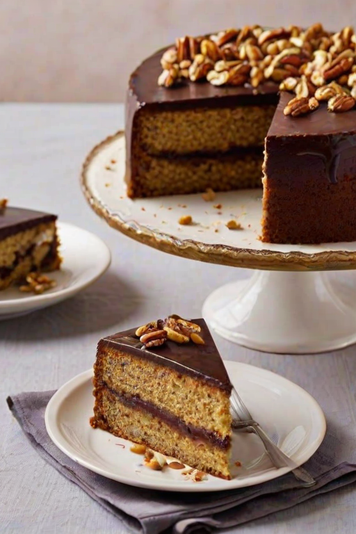 Create an image of a round cake with a golden-brown crust and a glossy top. The cake should have a slice cut out, revealing a rich, dark interior with visible chunks of nuts or chocolate. The setting should include a simple, textured background and a decorative cloth partially draped around the cake.