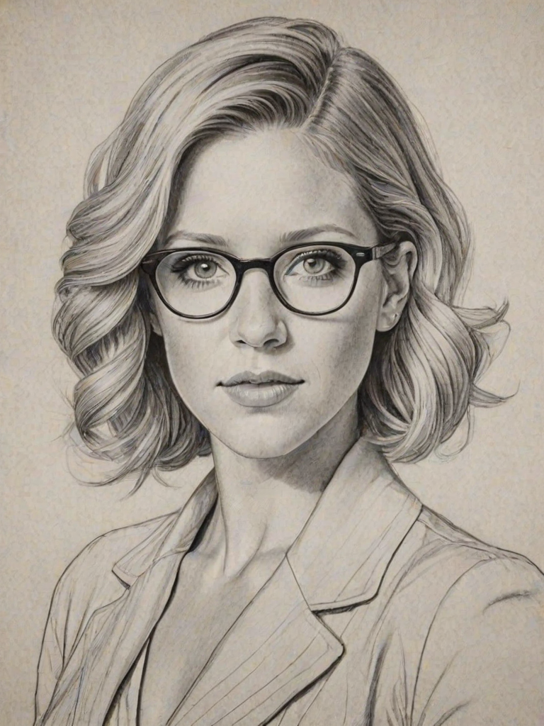 Sublime Brittany Snow, pencil sketch, portrait of Fetching woman 1937s in glasses, hair style beatnik, outline, clear lines, fine lines, 8k