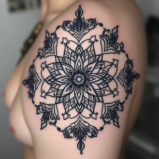 Intricate blackwork tattoo called "Shadow Lace" showcasing delicate geometric patterns intertwined with floral motifs creating a mesmerizing web-like design with bold contrasts and fine line details