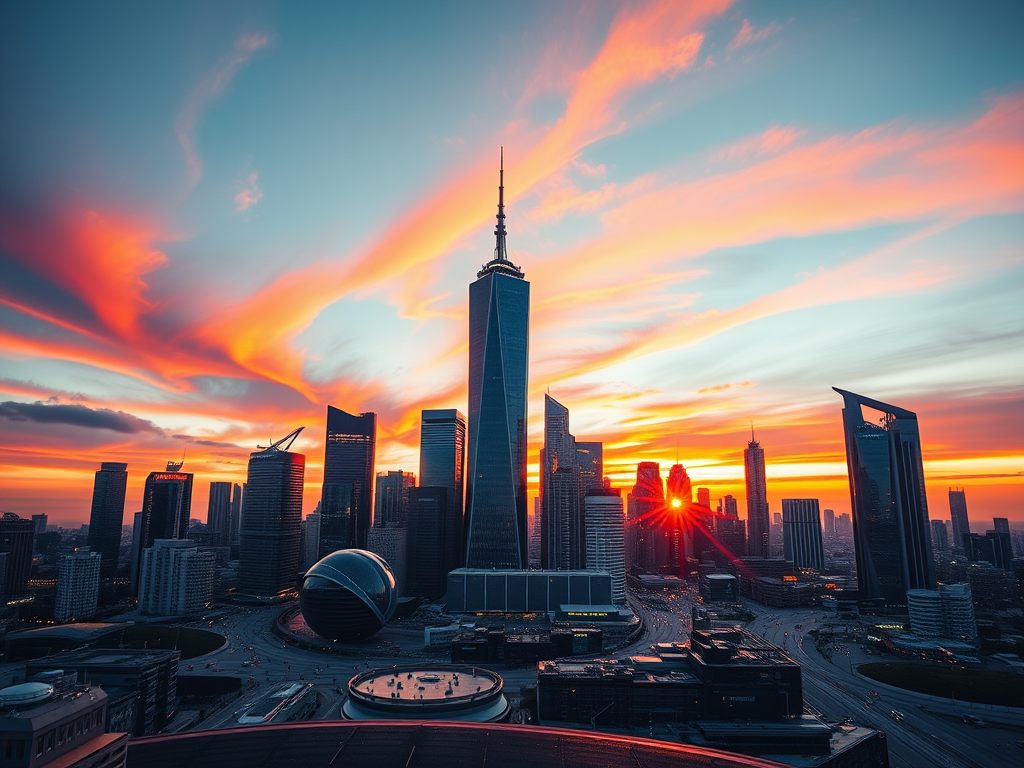 Generate a high-resolution image of a futuristic city skyline at sunset with vibrant colors, using a Canon EOS R5 camera, 24mm lens, aperture f/8, ISO 200, shutter speed 1/125s, wide-angle perspective, ensuring sharp focus and rich details.