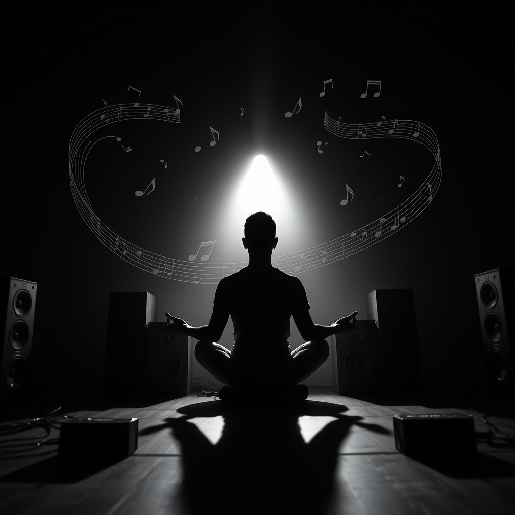 silhouette of a person meditating in a lotus position surrounded by musical notes and speakers, high contrast black and white, captured with a DSLR camera at f/2.8, ISO 100, 50mm lens, slight vignette for depth, over the shoulder view
