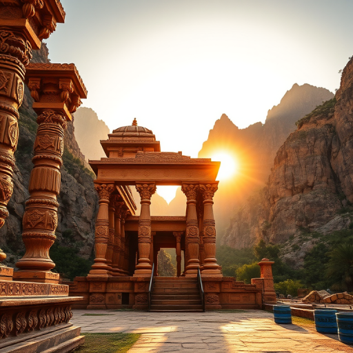 Create a serene image of an ancient temple surrounded by majestic mountains during golden hour with soft sunlight filtering through intricately carved pillars, using a wide-angle lens, f/8 aperture, ISO 100, 24mm focal length, and a DSLR camera for enhanced clarity and depth.
