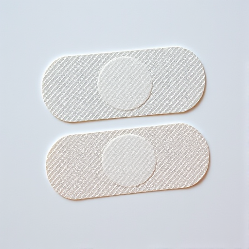 Create a high-resolution image of two adhesive bandages, one positioned above the other, each with a diamond pattern and a blank center, using a DSLR camera with a 50mm lens, aperture f/2.8, ISO 200, shot from a top-down view with soft lighting to enhance texture and colors.
