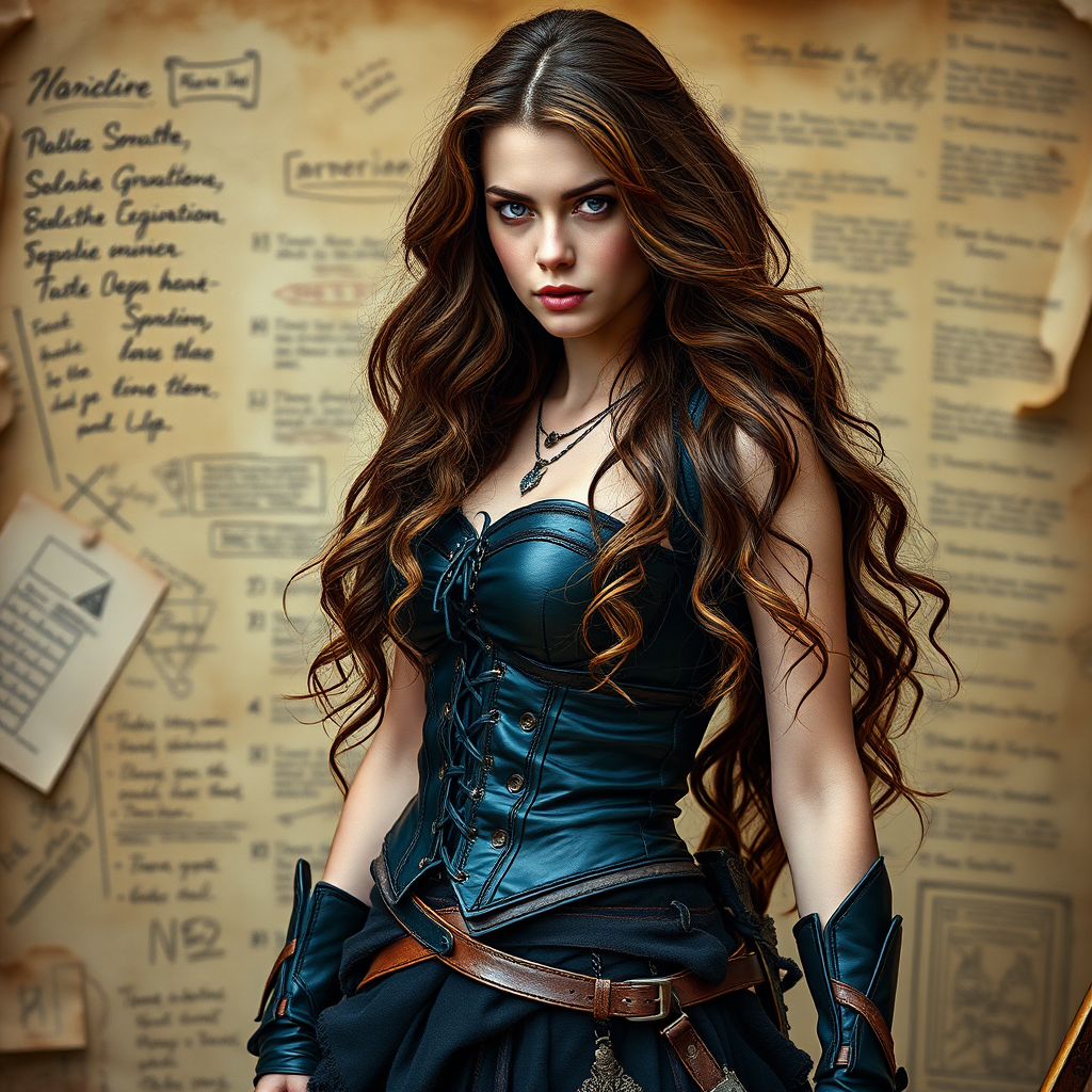 Create a highly detailed fantasy character portrait of a female warrior with long wavy brown hair, wearing a black leather corset and a layered skirt, in a dramatic pose, set against a vintage parchment background with sketches and notes, captured with a Canon EOS 5D Mark IV, 50mm f/1.4 lens, f/2.8 aperture, ISO 100, in soft afternoon light to enhance textures and colors.