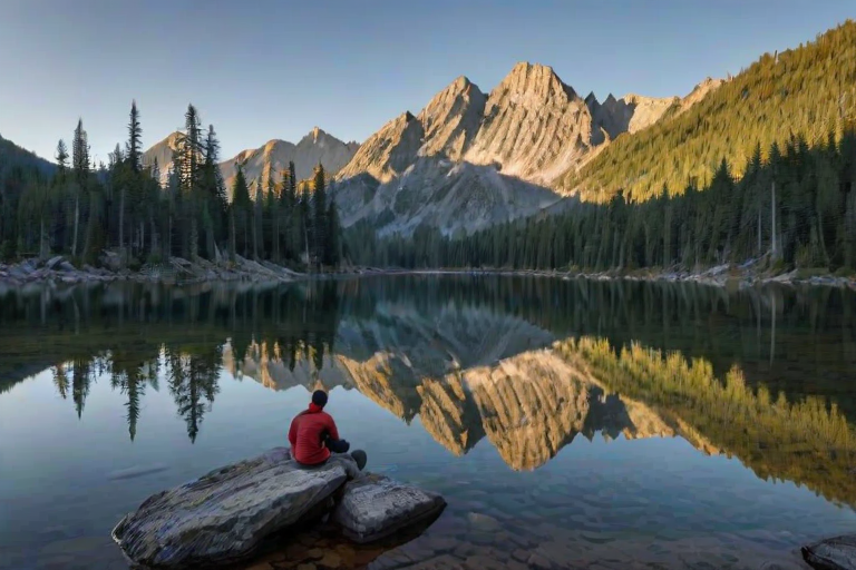 Serene mountain landscape, with a tranquil lake reflecting the surrounding pine trees and jagged peaks, a lone hiker sitting on a rock at the water's edge, soaking in the beauty of nature under a clear blue sky.
