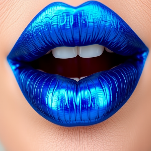 Electric blue lip color with a metallic sheen adorns precisely lined lips, creating a bold, futuristic look that demands attention and showcases flawless application
