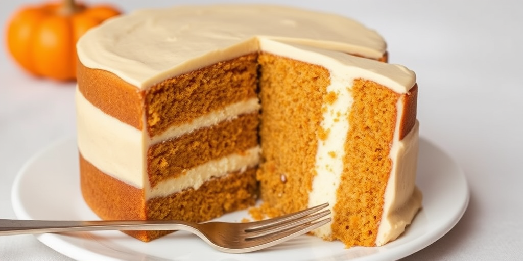 Create an image of a layered cake with distinct sections of pumpkin, cream, and spice flavors visible in the cross-section. The cake should have a smooth, creamy frosting on top and a slice removed to show the layers. Include a fork resting beside the slice on a white plate with a soft background.