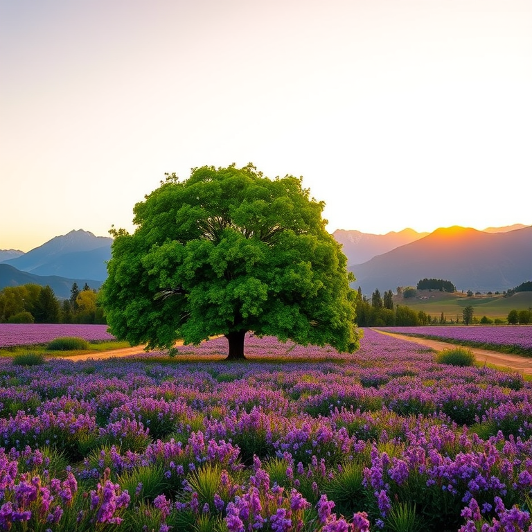 create a vibrant landscape scene featuring a large, lush green tree standing alone in a field of purple flowers with majestic mountains in the background, captured at sunset with a DSLR camera, aperture f/2.8, ISO 100, 24mm focal length, using a wide-angle lens to emphasize depth and clarity.