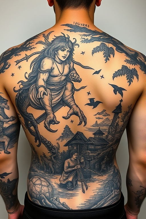 Woodcut-style tattoo titled "Folklore Etched" featuring scenes from mythology and folklore rendered in the style of traditional woodblock prints, with bold black lines and intricate cross-hatching to create texture and depth, spanning across the upper back and shoulders